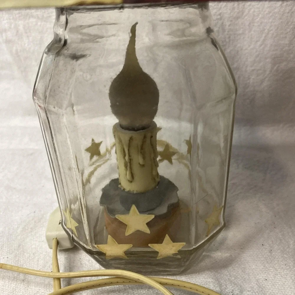 Red White Blue Americana Lamp Glass Bottom, Wood Shade Stars Flag